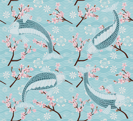 Cherry blossom with gold fish. Japanese sakura flower textile design on light blue background.