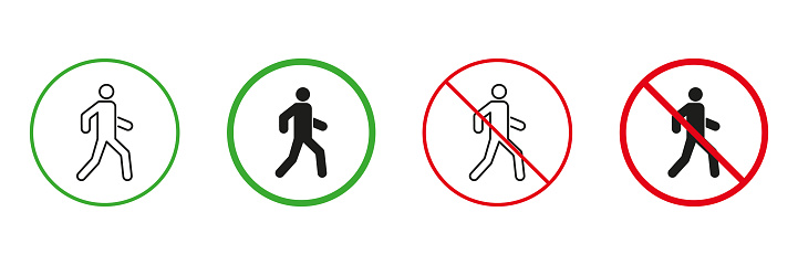 Man Pedestrian Red and Green Road Warning Signs. People Walk Through Street Line and Silhouette Icons Set. Entrance Pedestrian Permit and Not Allowed Traffic Signs. Isolated Vector Illustration.