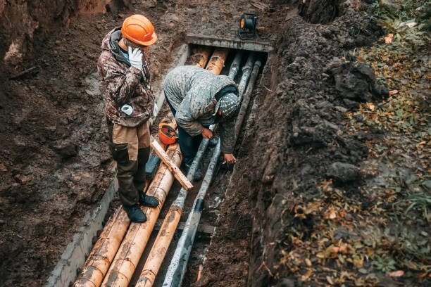 deux ouvriers changent les conduites d’eau publiques dans la tranchée le jour pluvieux de l’automne. dépannage. percée d’une canalisation d’eau souterraine. utilitaires. un vrai flux de travail. - working plumber water pipe repairing photos et images de collection