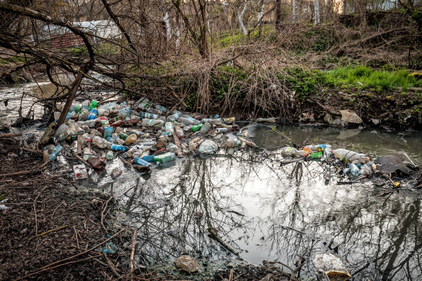 plastic garbage in the river , pollution and environment concept - toxic substance spilling pouring bottle imagens e fotografias de stock