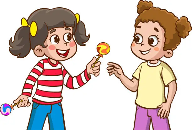 Vector illustration of children giving candy to friend vector illustration