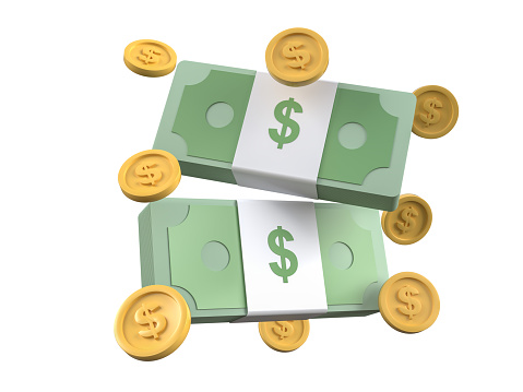 Bundles cash and floating coins around. Money saving, profit, financial services, business investment, financial metaphor, revealing the concept of cashback and making money. 3D rendering