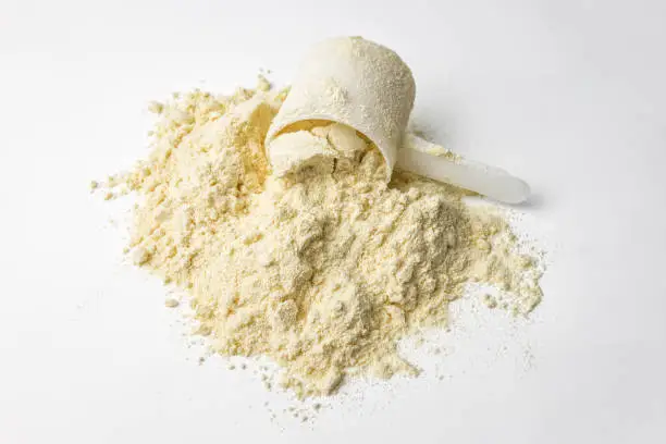 Photo of Protein powder with plastic scoop on white