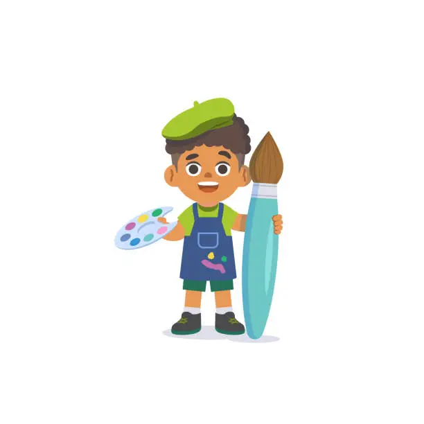 Vector illustration of a black boy painter with apron and big painting brush, illustration cartoon character vector design on white blackground.