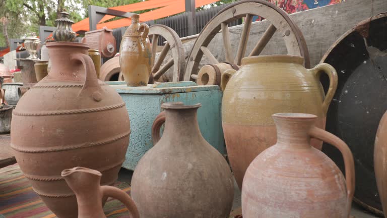 Old Vintage Ceramic Jugs. Close View Of Jugs In Shop Flea Market Of Antiques Old Retro Vintage Things. A Lot Of Old Things. Used Things. Second Hand Trading