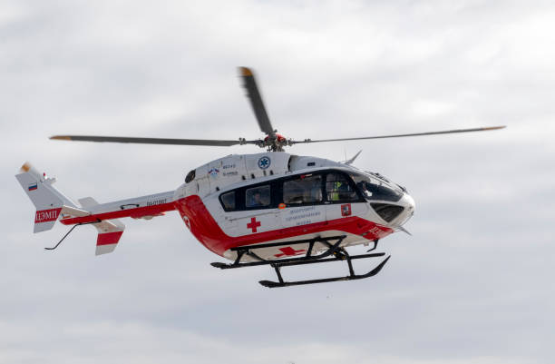 medical helicopter landing on site in Moscow  in Russia stock photo