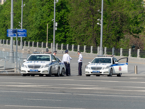 Moscow, Russia - May 9, 2022: traffic police officers at the May 9 holiday in Moscow