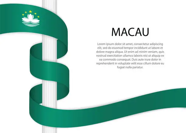 Vector illustration of Waving ribbon on pole with flag of Macau. Template for independence day