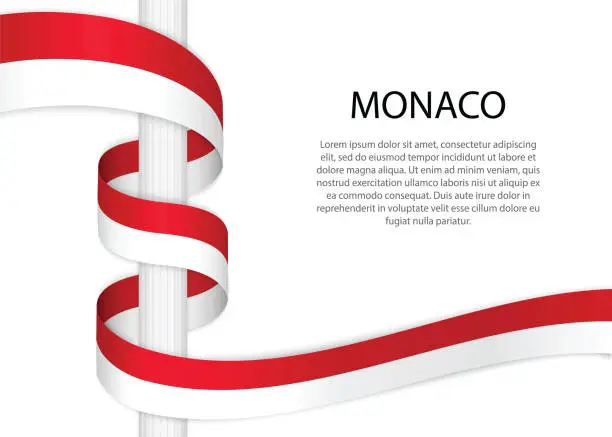 Vector illustration of Waving ribbon on pole with flag of Monaco. Template for independence day