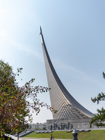 Moscow, Russia - MARCH 01, 2019: Monument to conquerors of space on background of sky.