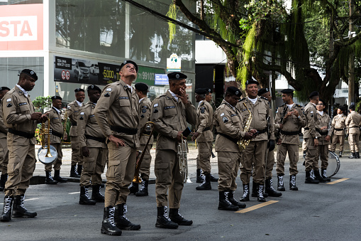 Salvador, Bahia, Brazil - Setembro 07, 2022: Soldiers from the Bahia Military Police are equipped and standing waiting for the start of the Brazilian independence day parade in the city of Salvador.