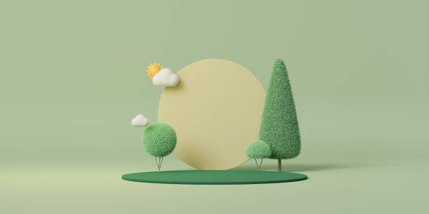 istock 3D Minimal scene background. Green Podium with trees, sun, cloud and circular frame for product presentation. 3d rendering illustration. 1479724588