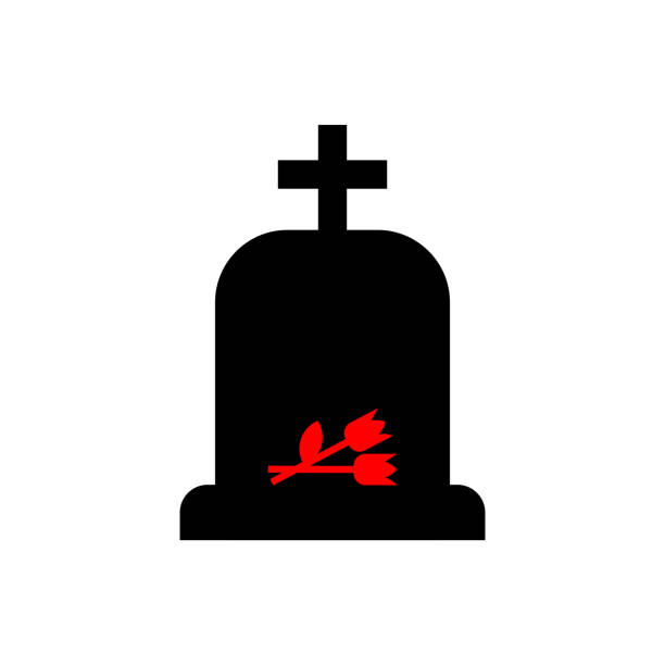 ilustrações, clipart, desenhos animados e ícones de sepultura com sinal de flores. símbolo funerário. o conceito de tristeza e sofrimento - cemetery tombstone grave old