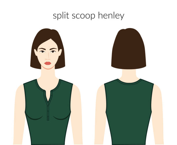 Split scoop henley neckline clothes knits, sweaters character beautiful lady in emerald top, shirt, dress technical fashion illustration. Flat apparel template front, back sides. Women, men CAD mockup Split scoop henley neckline clothes knits, sweaters character beautiful lady in emerald top, shirt, dress technical fashion illustration. Flat apparel template front, back sides. Women, men CAD mockup wedding dress back stock illustrations