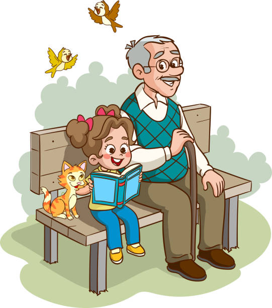 祖父と一緒にベンチに座って本を読む子供たち - senior couple senior adult embracing grandmother点のイラスト素材／クリップアート素材／マンガ素材／アイコン素材