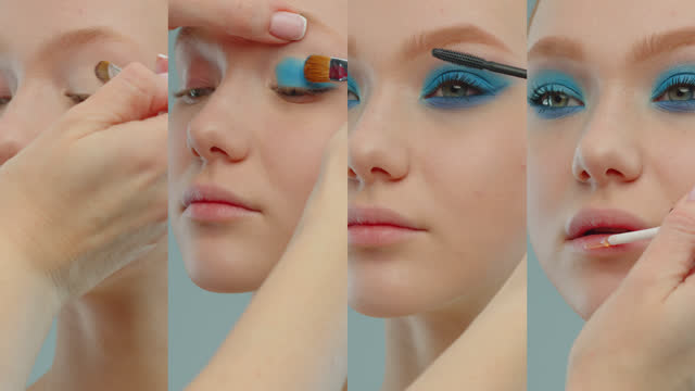 Makeup beauty collage. Makeup artist applies applying makeup.