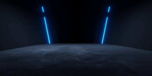 istock 3d rendering of blue neon glowing spaceship corridor hallway dark background. Scene for advertising, showroom, technology, future, modern, sport, game, metaverse. Sci Fi Illustration. Product display 1479726837