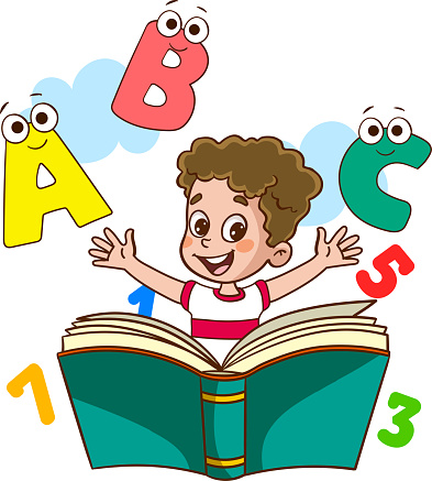 happy cute little kid with book and letters.cute little child reading a book vector illustration.children learning to read and write