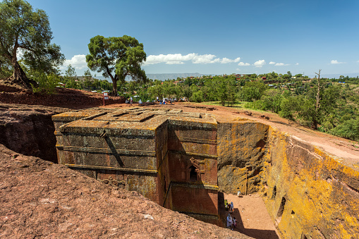 Saint George rock-hewn church in the shape of a cross, Bete Giyorgis, monolithic church in Lalibela, part of the UNESCO World Heritage. Church was carved downwards from one monolitic stone of tuff.