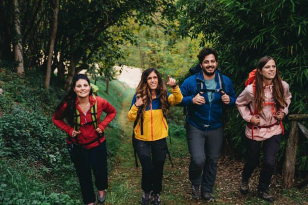 istock Four friends are hiking together on a footpath 1479728341