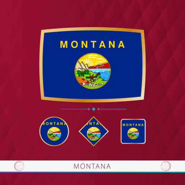 istock Set of Montana flags with gold frame for use at sporting events on a burgundy abstract background. 1479728549