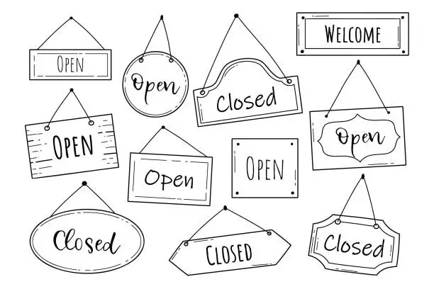 Vector illustration of Hand drawn set of open and closed door sign.