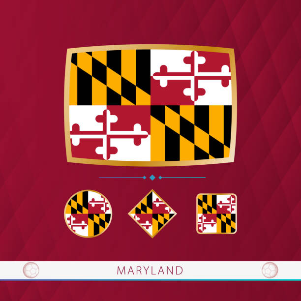 istock Set of Maryland flags with gold frame for use at sporting events on a burgundy abstract background. 1479728962