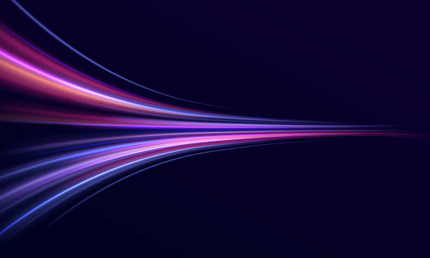 неоновый цвет светящихся линий фон, эффект скоростных световых следов. - скорость stock illustrations