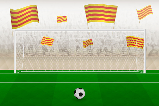 Catalonia football team fans with flags of Catalonia cheering on stadium, penalty kick concept in a soccer match. Sports vector illustration.