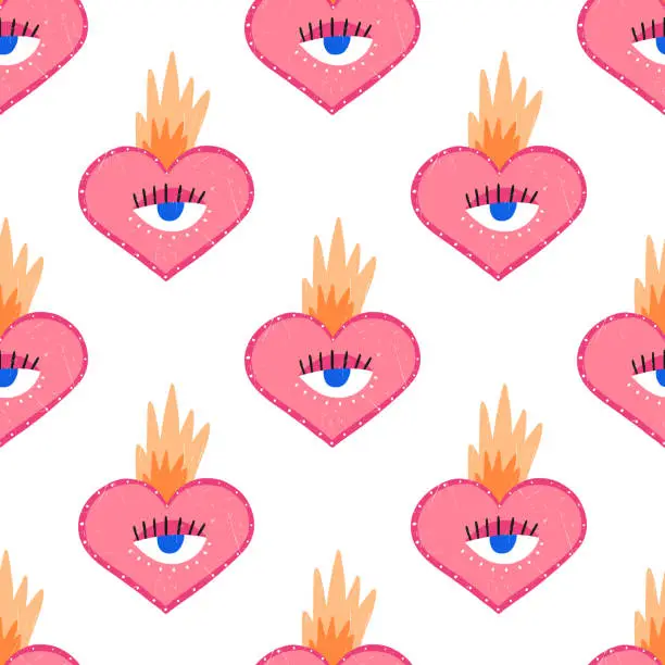 Vector illustration of Funky heart with flame and one eye, Valentine's day seamless pattern - flat vector illustration on white background.