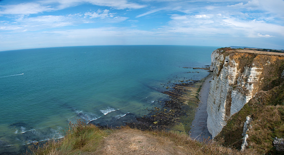 Falaise d'Aval, panorama of the alabaster coast with blue sea