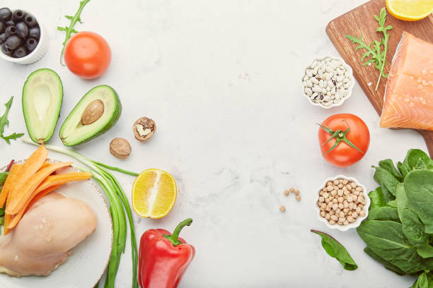 istock FODMAP, LOW carb diet background with copy space - chicken meat, salmon, vegetables and fruits, nuts, greens, chickpeas, beans. 1479734014