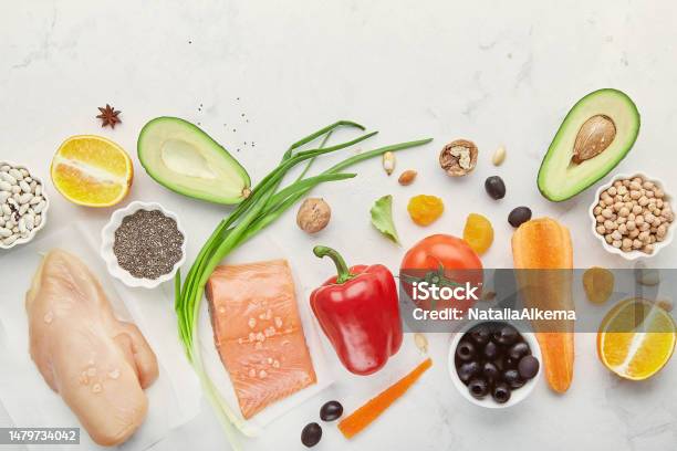 Low Fodmap Ingredients Diet Seafish Chicken Meat Vegetables And Fruits Nuts Greens Beans Fodmap Diet Concept Flat Lay Stock Photo - Download Image Now