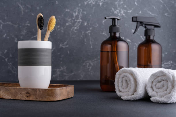 istock Bathroom composition with bamboo toothbrushes and recycled cosmetic bootles 1479734425
