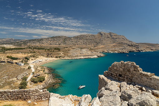 Panoramic view of Agathi Beach from Feraklos Castle