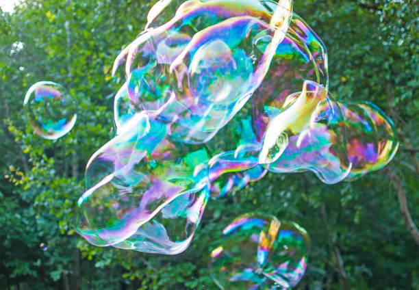 Giant soap bubble with trees at the background on green trees abstract