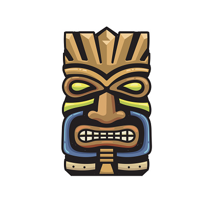 colorful hand drawn Tiki tribal wooden mask vector illustration. Design element for emblem, sign, poster, card, banner.