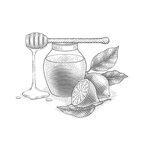 Vector illustration of Jar of honey and lemons