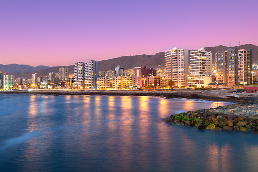 Panoramic view of the coastline of Antofagasta, know as the Pearl of the North and the biggest city in the Mining Region of northern Chile.