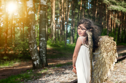 Portrait little girl in angel image with gold wings posing in mysterious forest, looking back. Cover girl in white dress young lady in sunshine woodland. Fairytale, fantasy concept. Copy ad text space