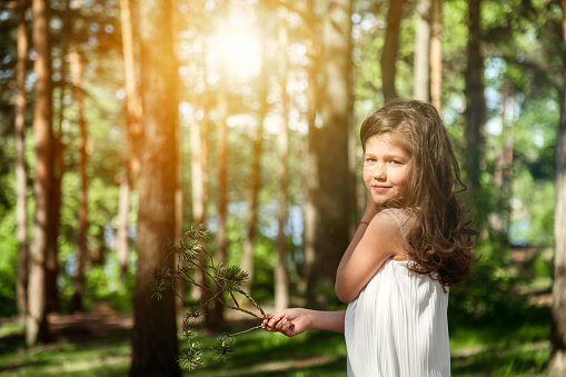 Happy little girl in white dress holding pine branch in greenery forest outdoors, looking at camera. Portrait cover girl walking in sunshine woodland. Environmental protection concept. Copy text space