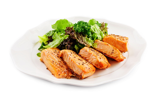 Delicious grilled roasted salmon fillets or steaks