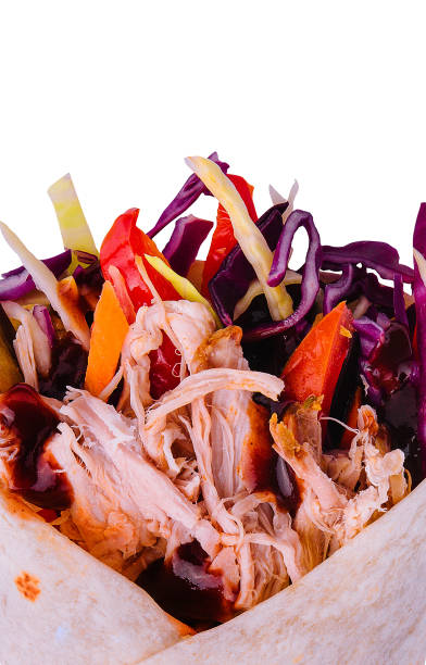Tasty shawarma sandwich closeup on white background