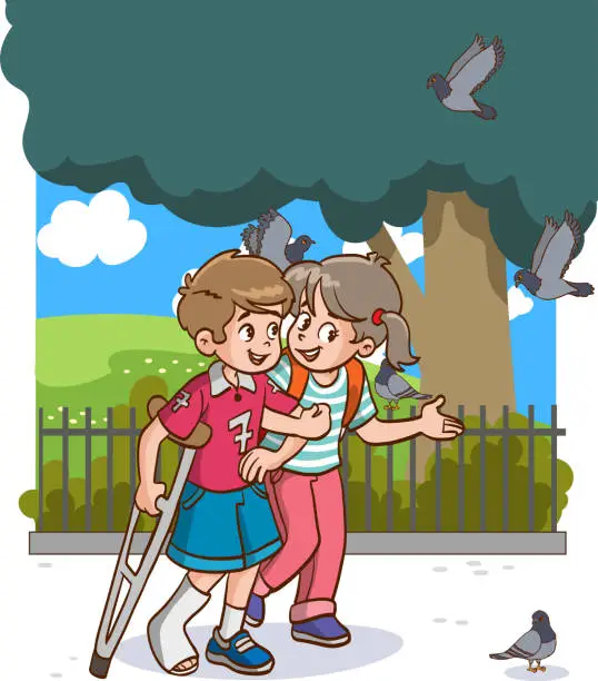 Vector illustration of crippled child on skis walking on crutches friend helping him