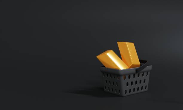 istock Shoping basket with gold bars on black background.Minimal concept,money-saving,3D rendering illustration. 1479740846