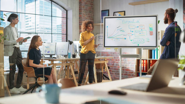 istock Excited Business Coach Making a Presentation for a Young Perspective Team in Creative Office Conference Room. Multiethnic Female Showing Slides on Screen. Project Plan Presentation 1479740980