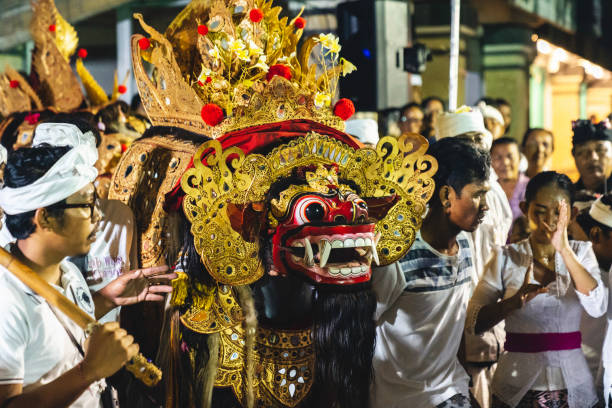 Bali, Indonesia - January 14, 2023: Balinese Barong ritual dance during open air ceremony at Nusa Lembongan, Bali, Indonesia.