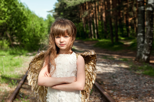 Portrait of little girl in angel image wear white dress with gold wings arms crossed in greenery forest, looking at camera. Young lady in sunshine woodland. Fairytale, fantasy concept. Copy text space