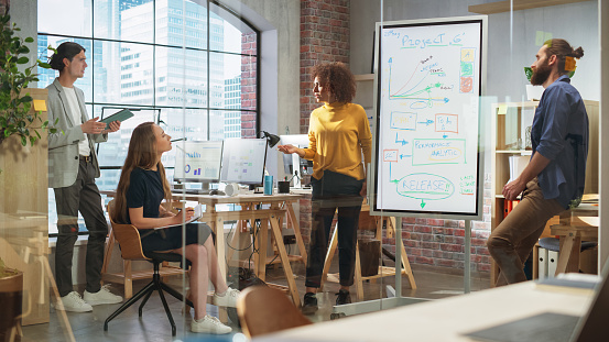 Positive Businesswoman Making a Team Presentation in a Meeting Room in Creative Office. Excited Arab Female Discussing a New Project Plan on Digital Whiteboard Display