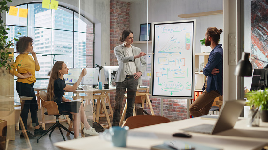 Young Marketing Specialist Leading a Brainstorm Session with a Team in Creative Office Meeting Room. Project Manager Showing Project Plan Presentation on Digital Whiteboard Monitor.